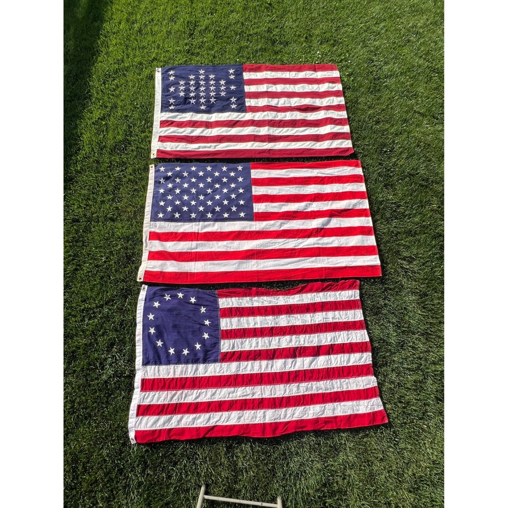 Vintage Style American Flag Set 13 38 50 Star Cotton Sewn Embroidered 3x5